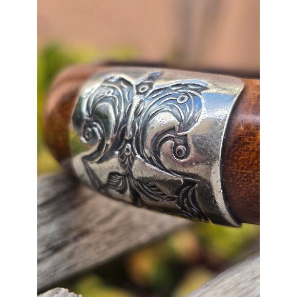 Vintage Silpada Etched Sterling Silver and Wood Bangle Bracelet, 2007 B1490 - Picture 4 of 8